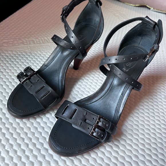 Tom Ford Grey Leather Buckle Strap Sandal Heels Wood Block US 6/6.5 EU 36.5 - Picture 5 of 11